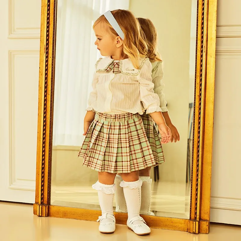 Fresh Spring Girl Two-piece White Creased Effect Shirt & Pleated Plaid Skirt Set