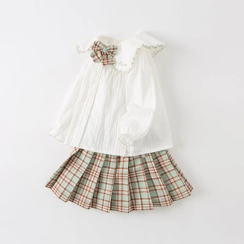 Fresh Spring Girl Two-piece White Creased Effect Shirt & Pleated Plaid Skirt Set