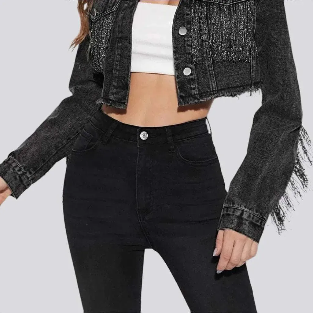 Fringe cropped women's denim jacket