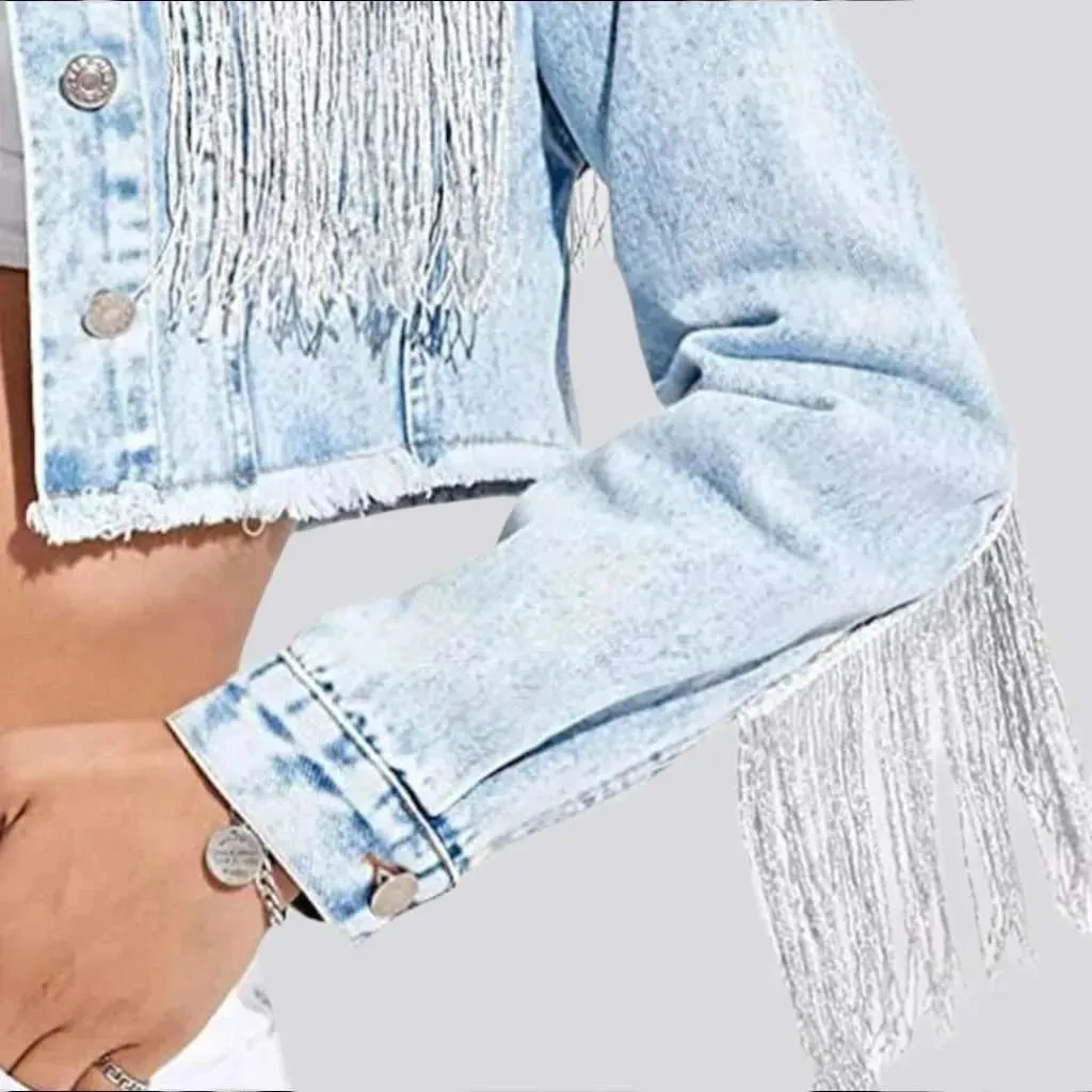 Fringe cropped women's denim jacket