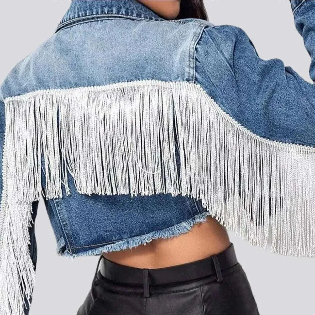 Fringe cropped women's denim jacket