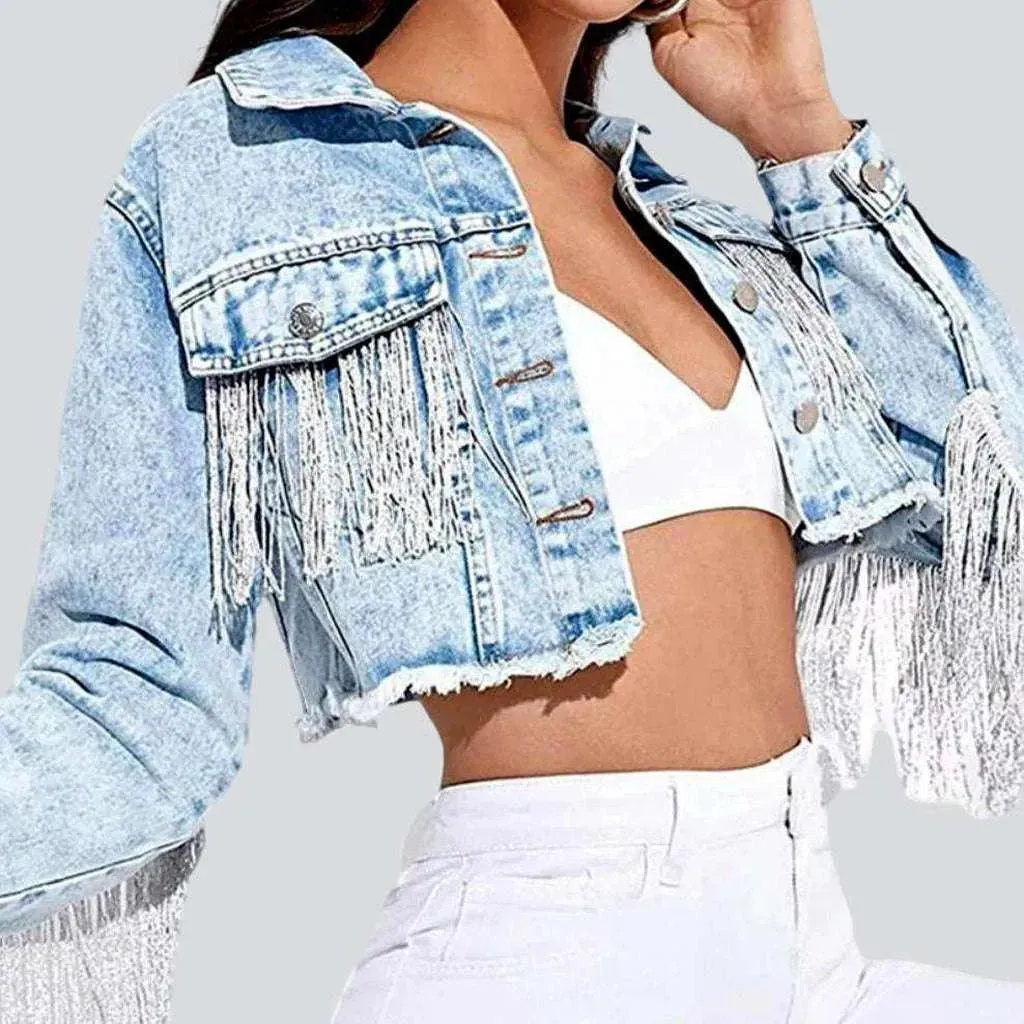 Fringe cropped women's denim jacket