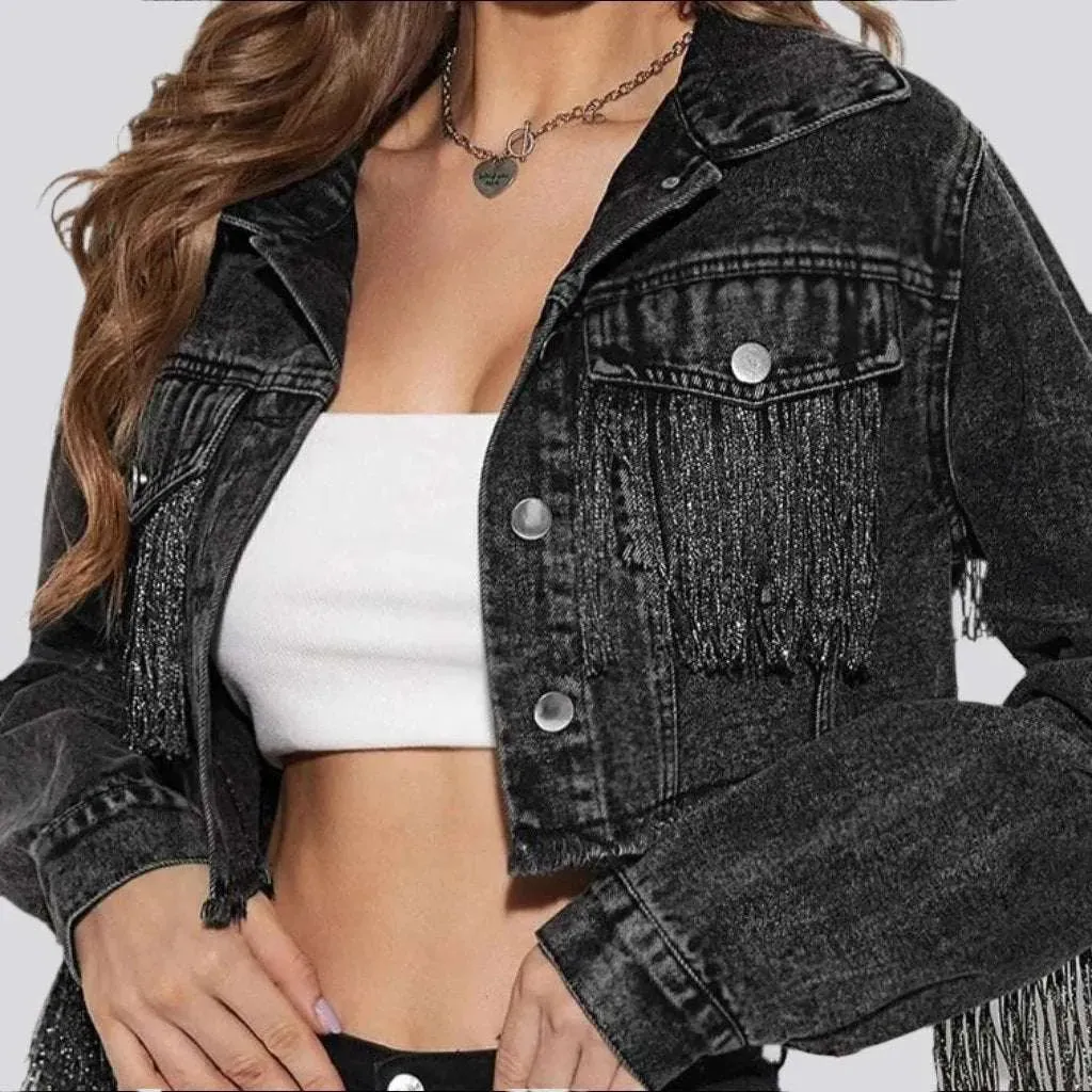 Fringe cropped women's denim jacket