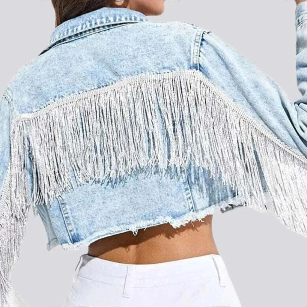 Fringe cropped women's denim jacket