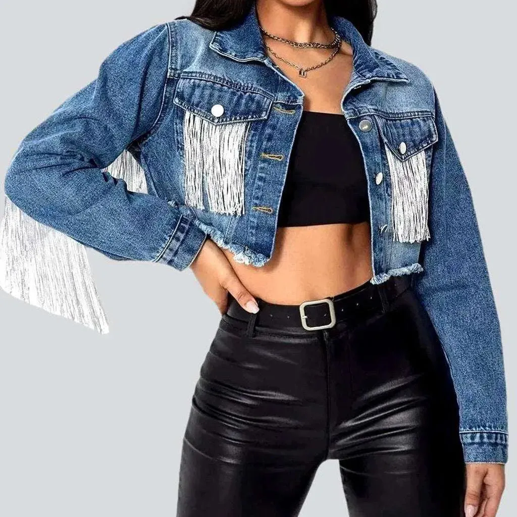 Fringe cropped women's denim jacket