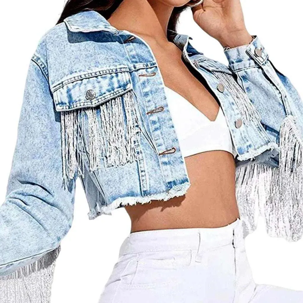 Fringe cropped women's denim jacket