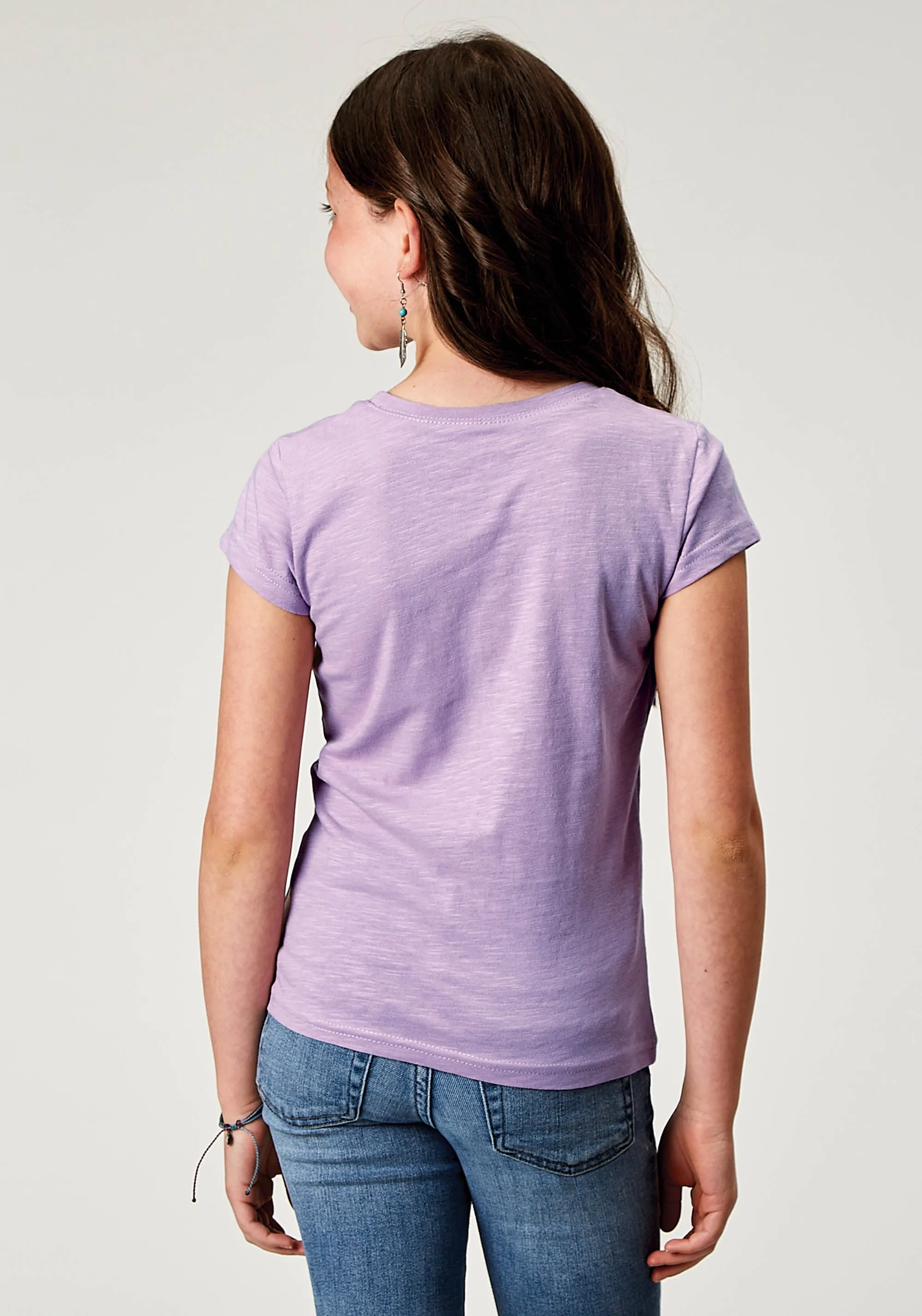 GIRLS SHORT SLEEVE LILAC COTTON SLUB JERSEY WESTERN T SHIRT WITH SCREEN PRINT DECORATION