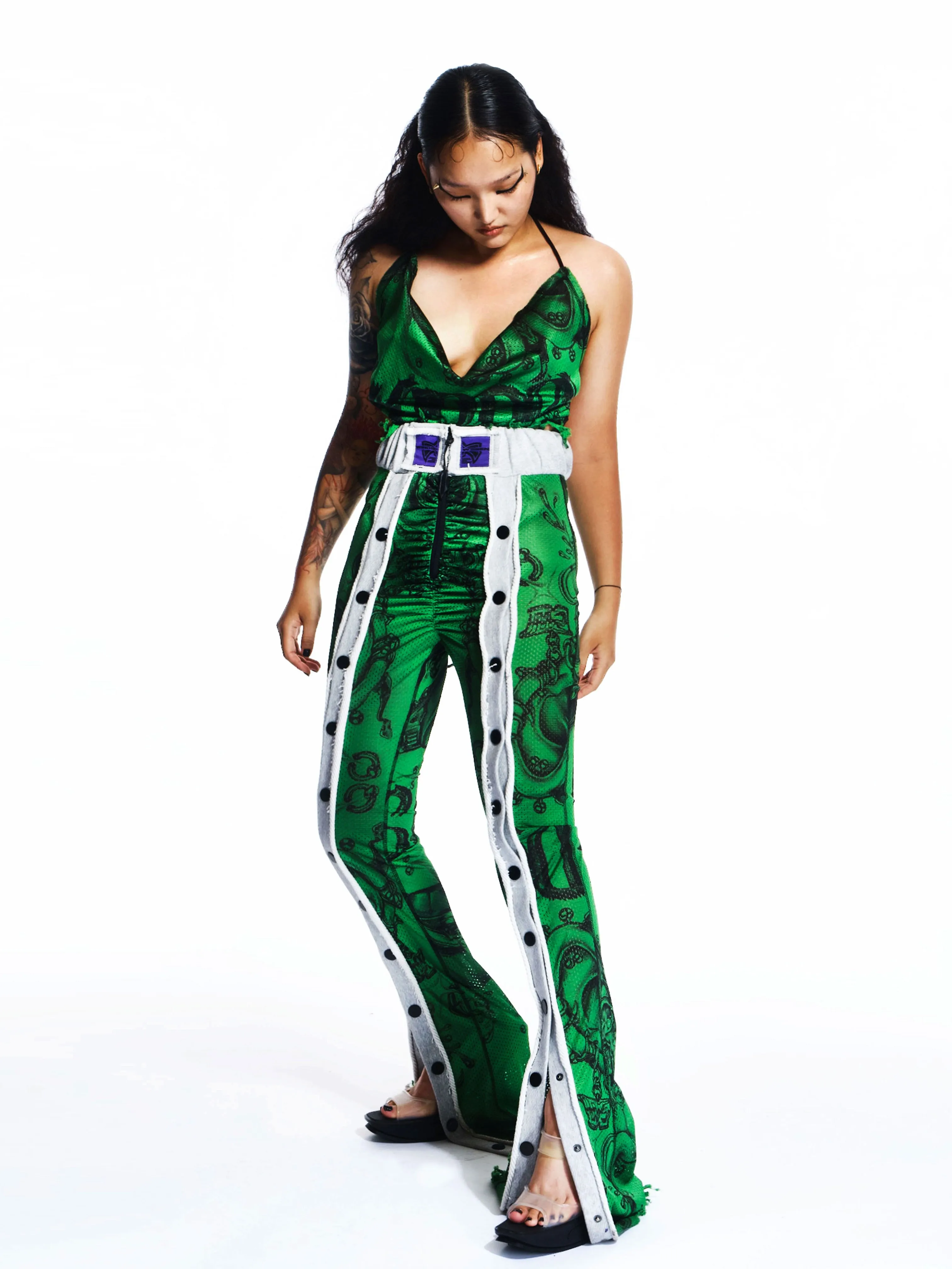 GRAPHIC MESH BOTTON PANTS