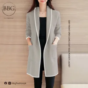 Grey Front Open Long Coat Dual Pockets Jacket