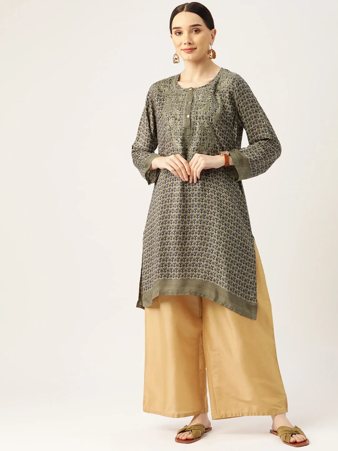 Hand embroidery Chikankari Tunic-Dark Green