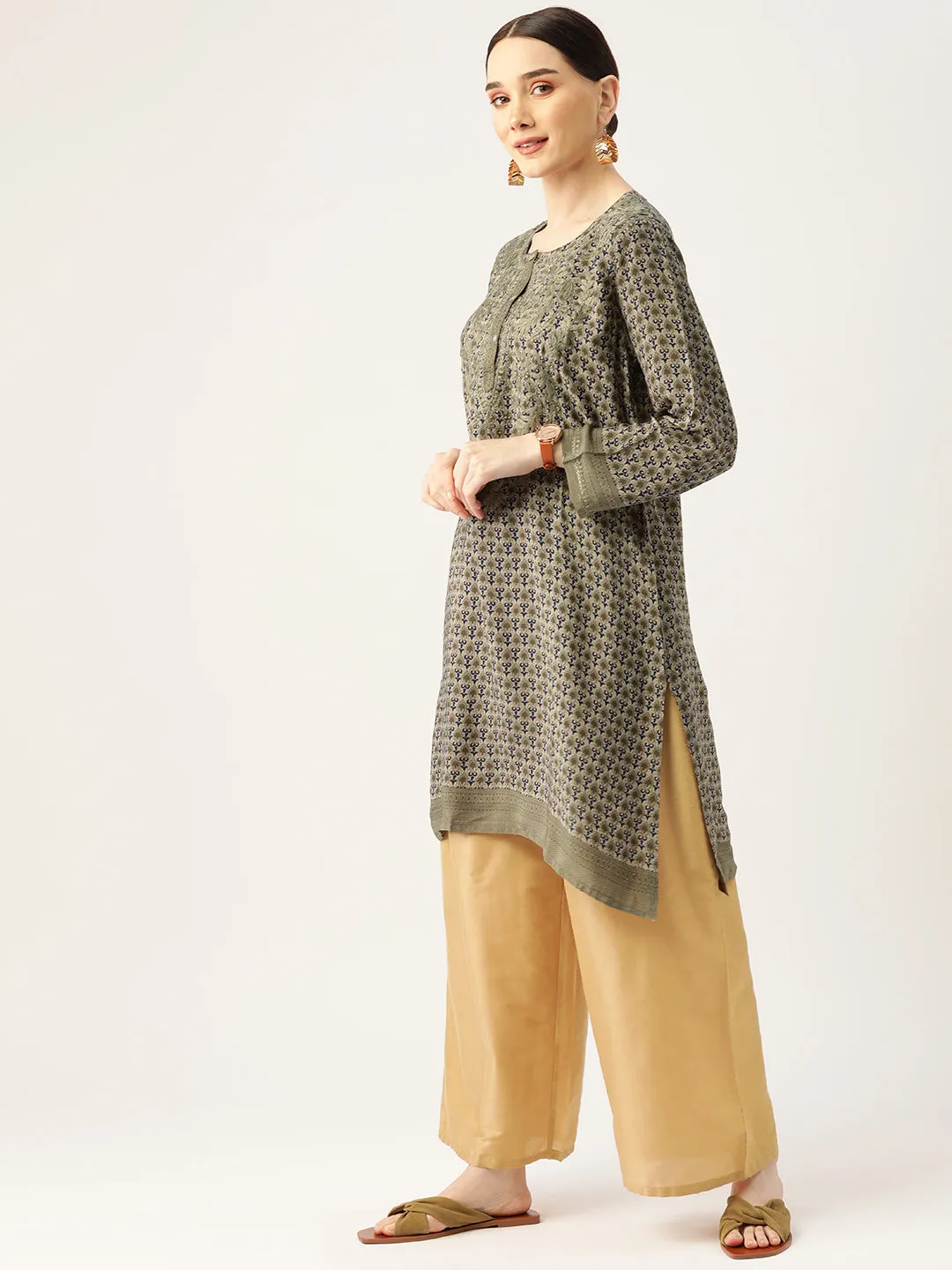 Hand embroidery Chikankari Tunic-Dark Green