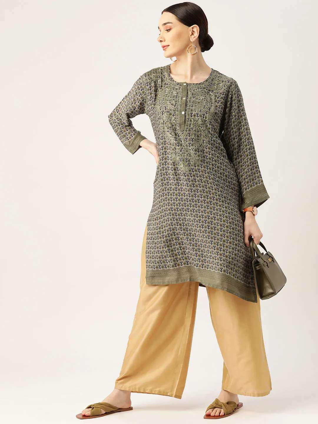 Hand embroidery Chikankari Tunic-Dark Green