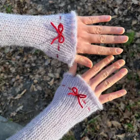 Handmade knitted mohair bow gloves in baby blue and red - with thumb hole