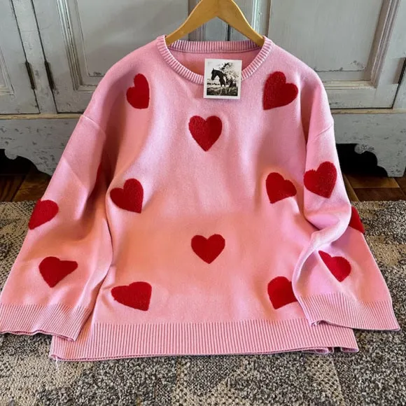 Heart Embroidered Pink Pullover Sweater