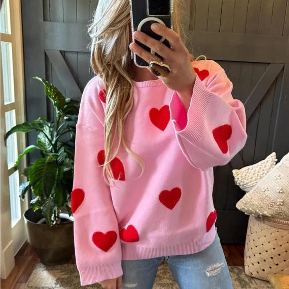 Heart Embroidered Pink Pullover Sweater