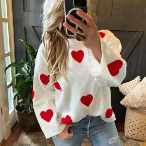 Heart Embroidered White & Red Pullover Sweater