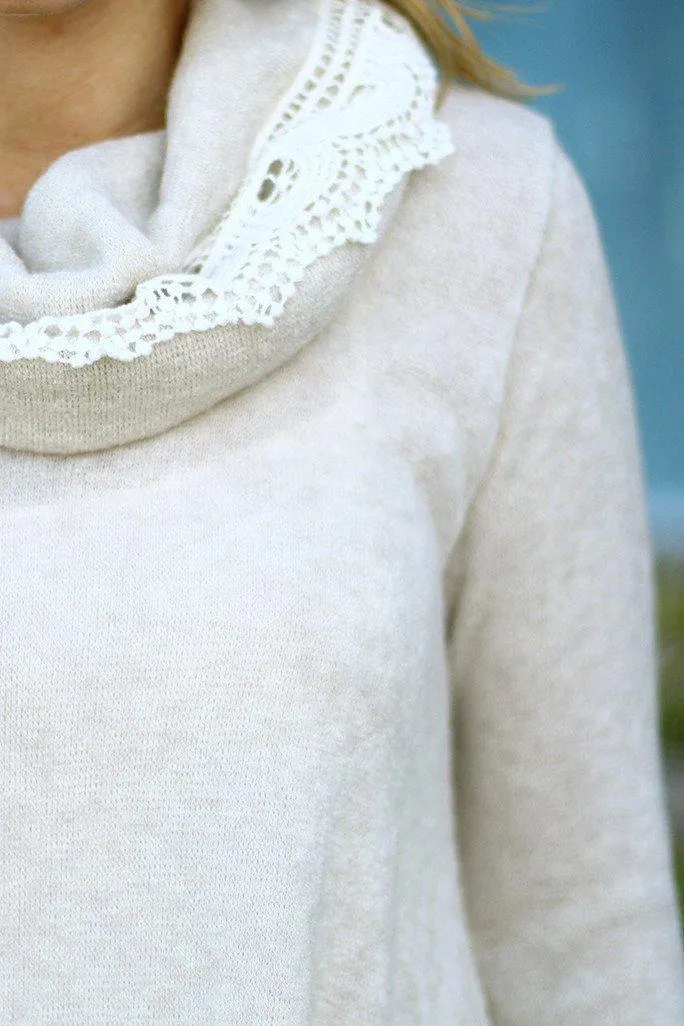 Ivory Sweater Tunic with Lace Neck