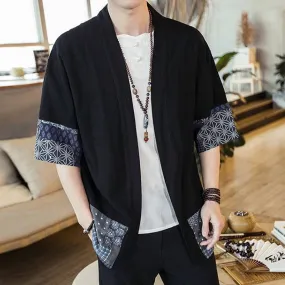 Japanese-themed Navy Pattern Black White Men's Haori Yukata Kimono Jacket