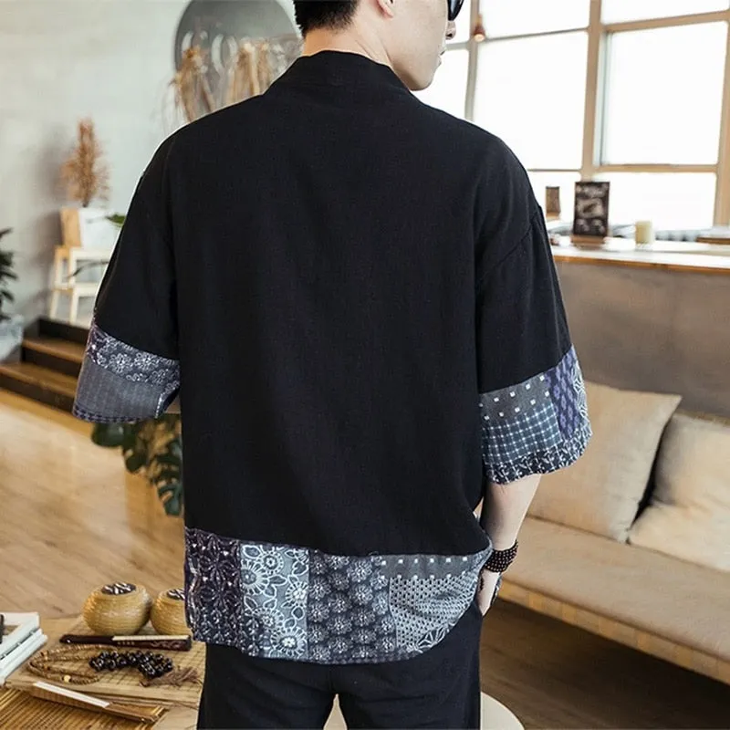 Japanese-themed Navy Pattern Black White Men's Haori Yukata Kimono Jacket