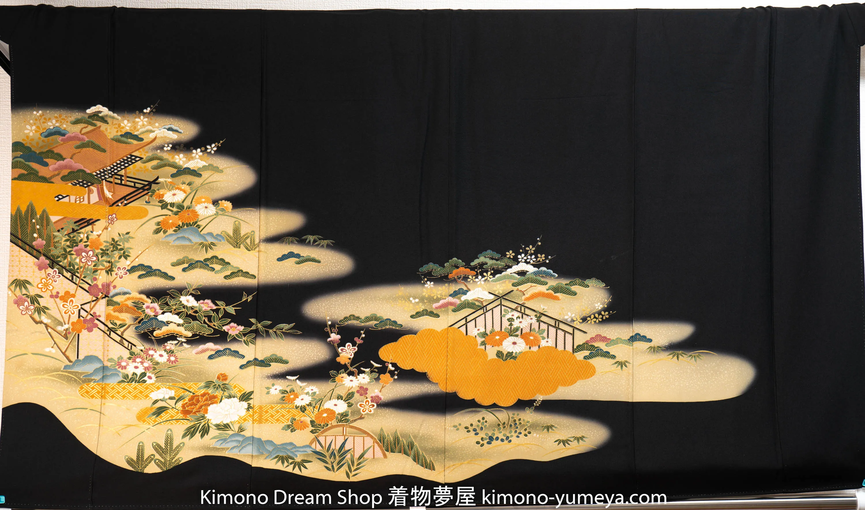 Japanese Village Kuro Tomesode - Vintage Black Kimono - Golden Cherry Blossoms Peonies Botan Sakura