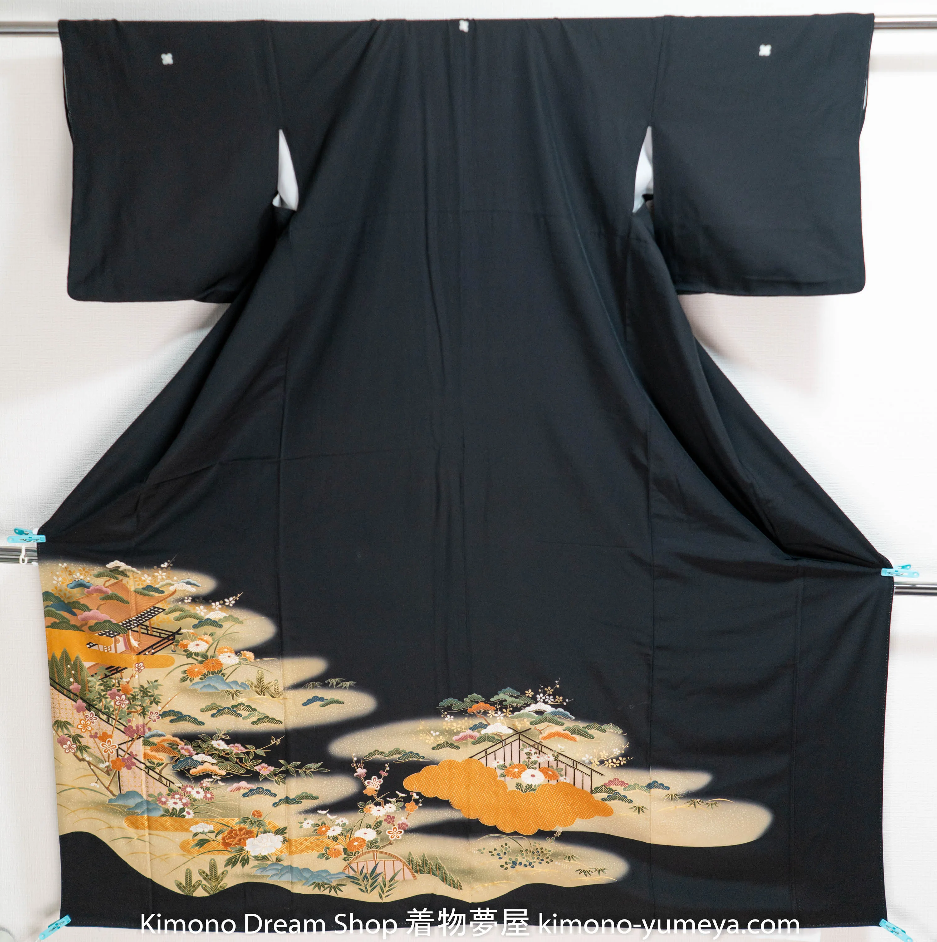 Japanese Village Kuro Tomesode - Vintage Black Kimono - Golden Cherry Blossoms Peonies Botan Sakura