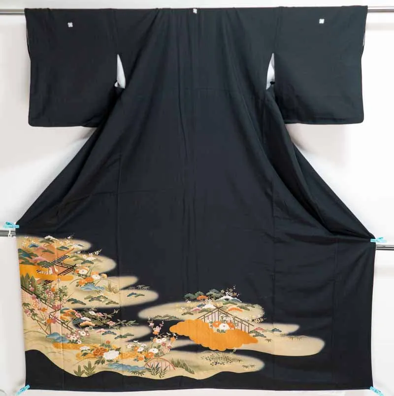 Japanese Village Kuro Tomesode - Vintage Black Kimono - Golden Cherry Blossoms Peonies Botan Sakura