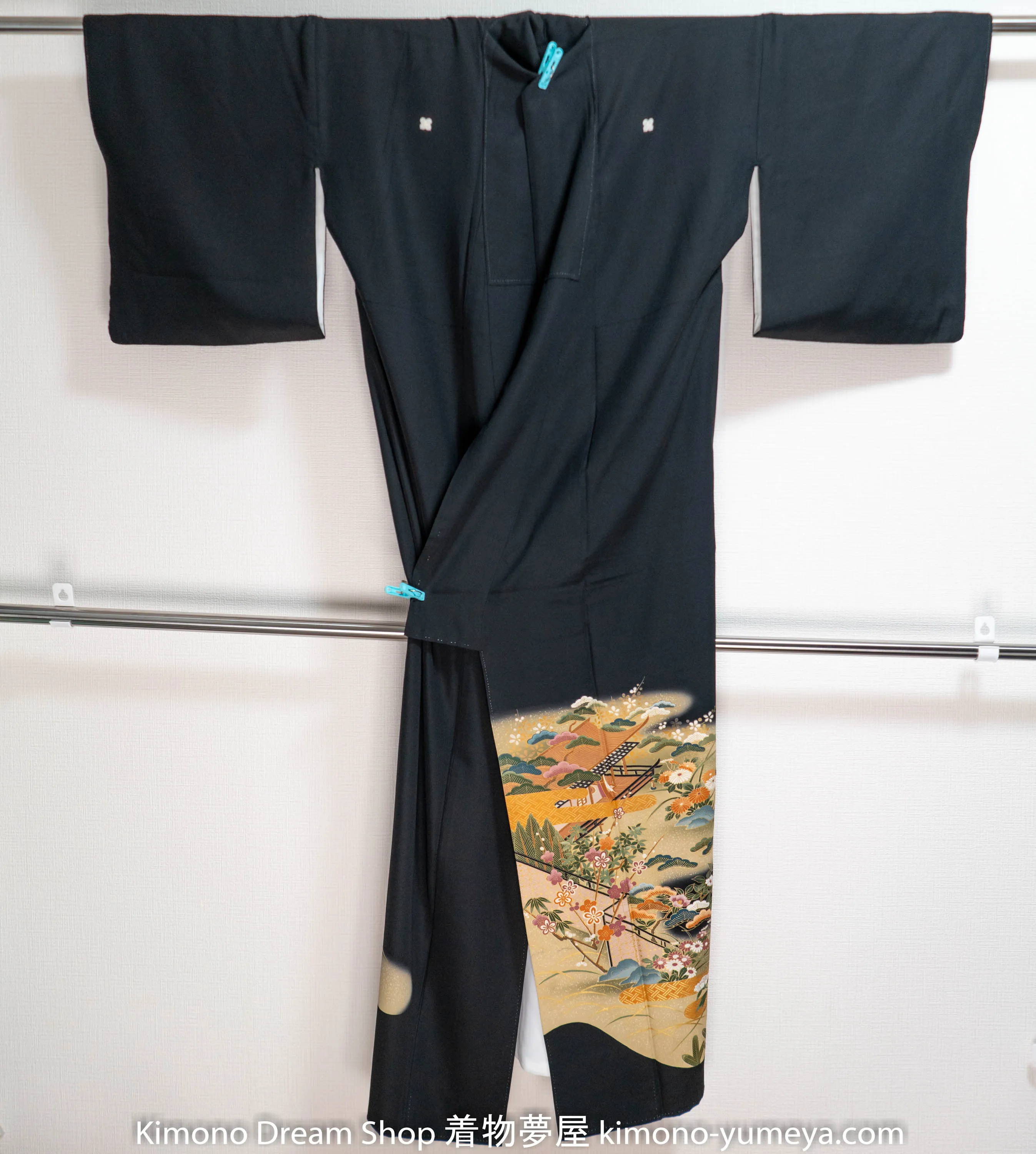 Japanese Village Kuro Tomesode - Vintage Black Kimono - Golden Cherry Blossoms Peonies Botan Sakura