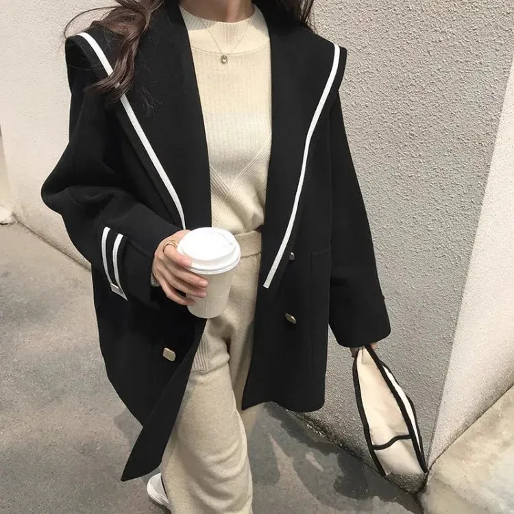 Joskaa Elegant Vintage Sailor Collar Jackets Autumn Winter New Imitation Woolen Coat Women Y2k Long Sleeve Loose Tops Mujer