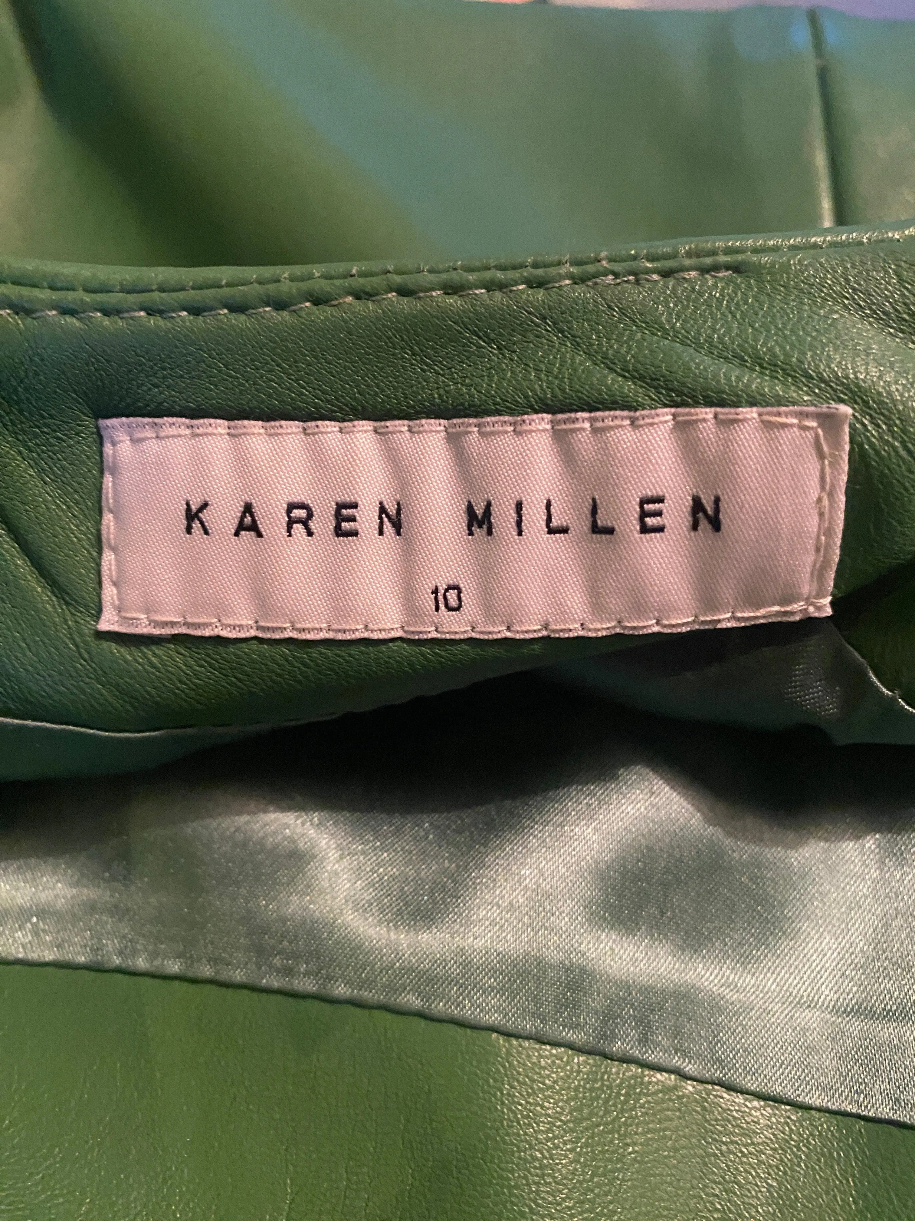 Karen Millen Green Leather Skirt Pleated Hem DetailUK Size 10