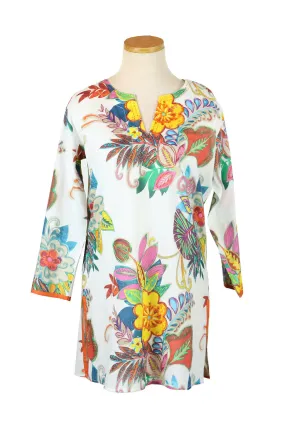 KikiSol Cream Multi Fiji Tunic with Orange Neck Embroidery Sleeve and Side Trim