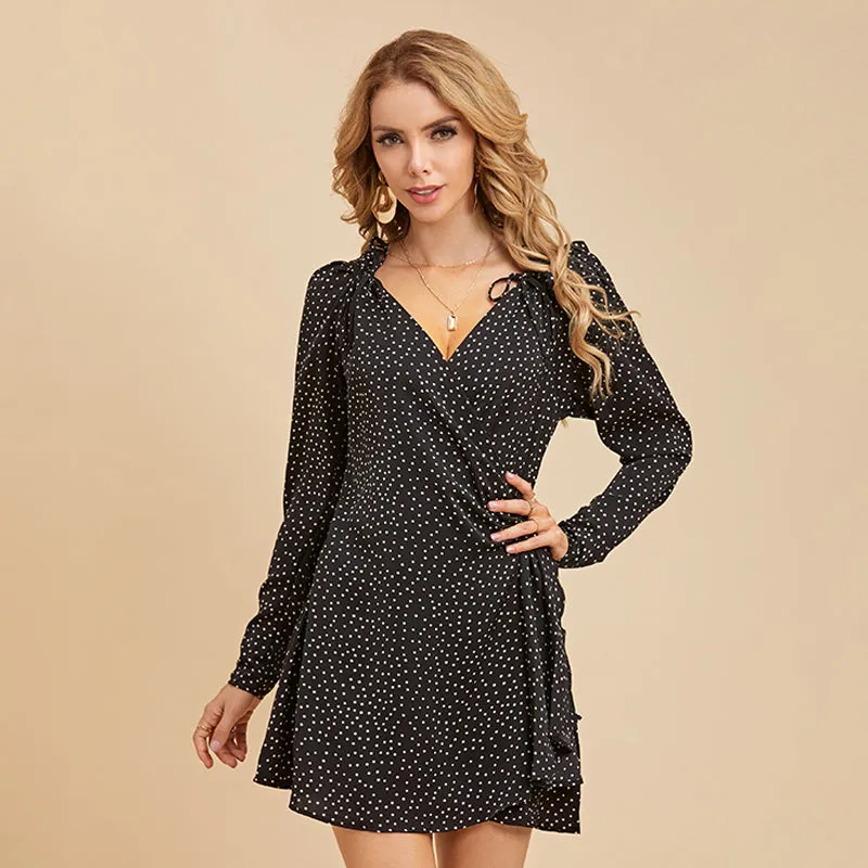 KittenAlarm - New women's lace-up pleated irregular skirt sexy v-neck lantern sleeve polka-dot dress