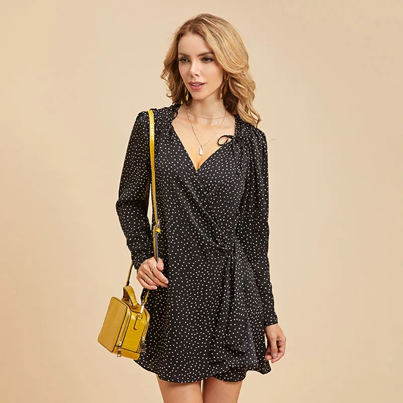 KittenAlarm - New women's lace-up pleated irregular skirt sexy v-neck lantern sleeve polka-dot dress