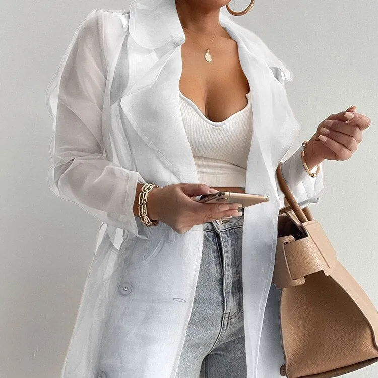 LANFUBEISI Fashion Women See Through Outdoor Tops Lace Up Spring Solid Sheer Mesh Long Sleeve Buttoned Coat With Belt Elegant Shirts