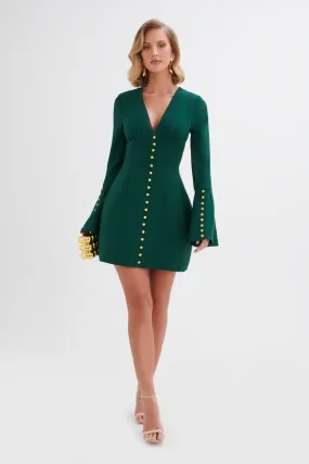 LARA Fluted Sleeve Rose Button Mini Dress in Emerald Green