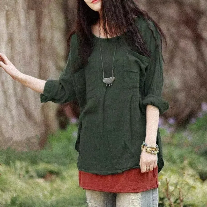 Linen Solid Color Pullover All-match Plus Size Top