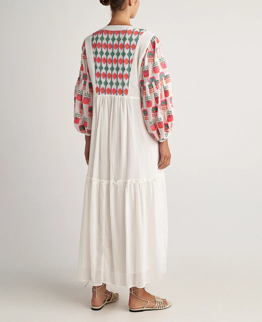 LONG EMBROIDERED TUNIC DRESS "BOUGANVILLA" MULTICOLOR