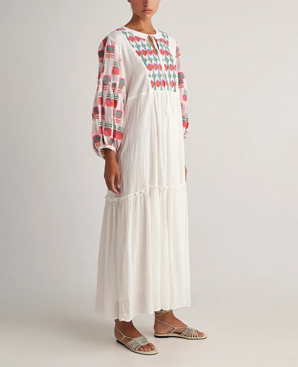 LONG EMBROIDERED TUNIC DRESS "BOUGANVILLA" MULTICOLOR