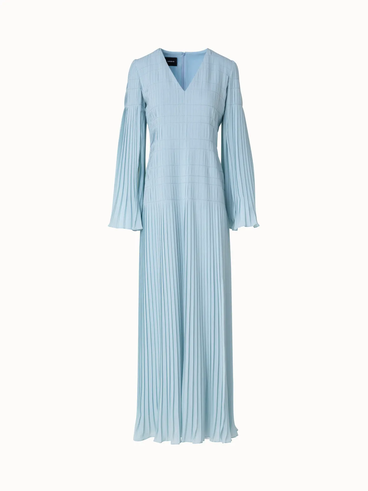 Long Pleated Gown with Long Flared Sleeves