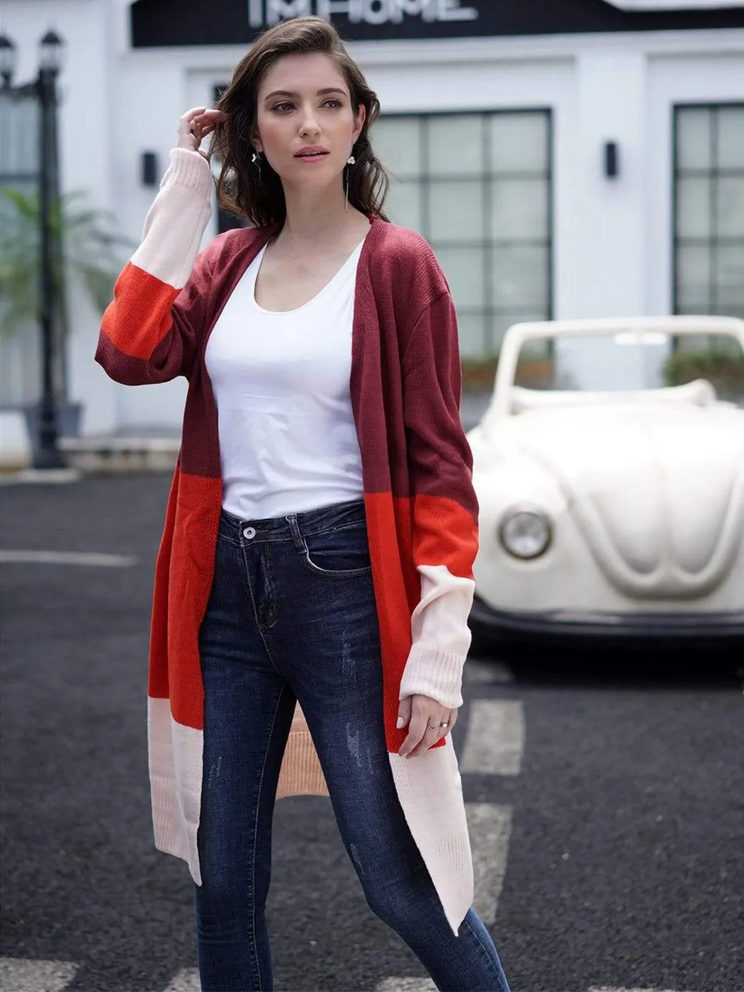 Long Sleeve Open Front Casual Knit Sweaters Coat Soft Outwear Striped Draped Kimono Cardigan