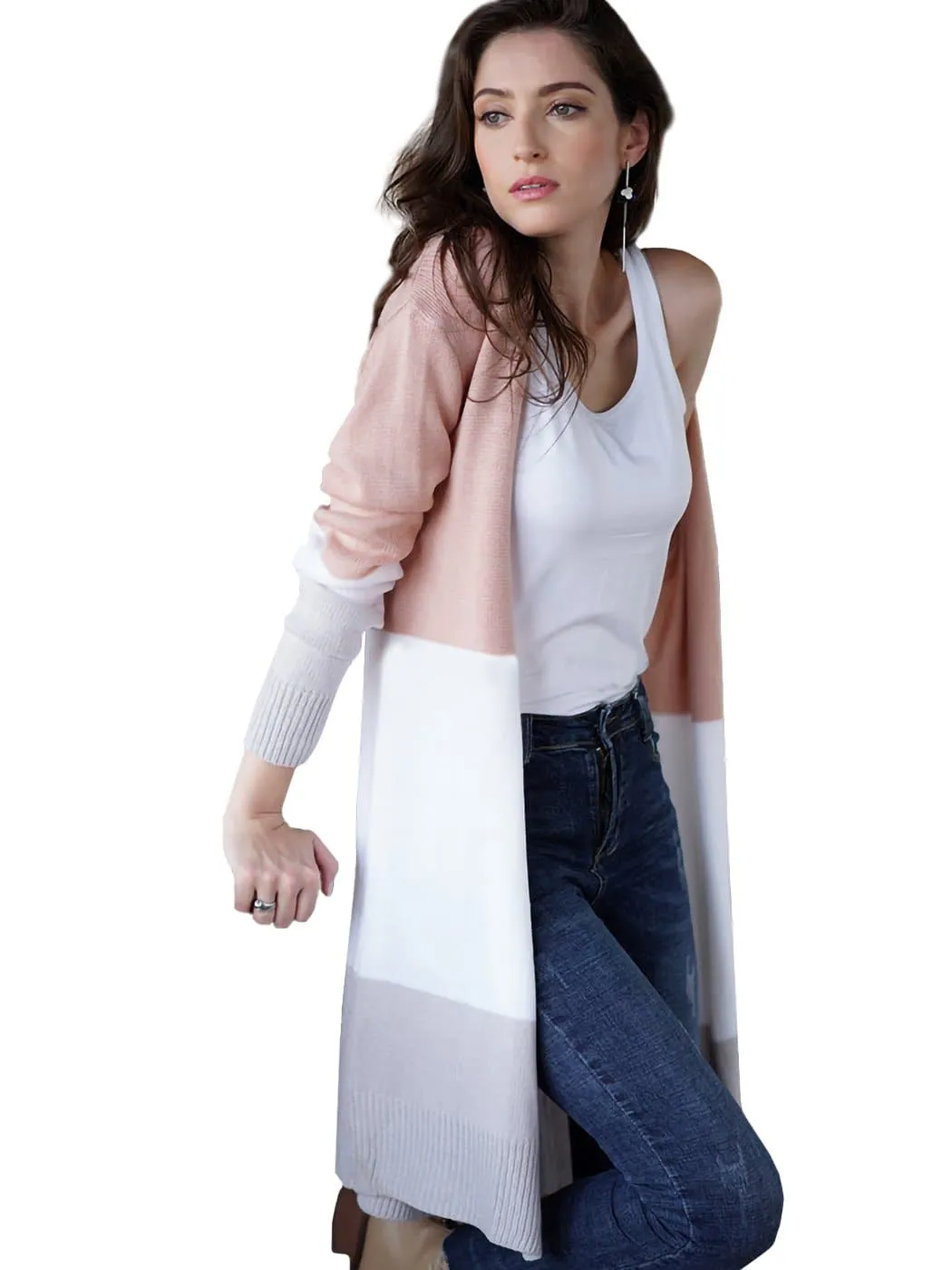 Long Sleeve Open Front Casual Knit Sweaters Coat Soft Outwear Striped Draped Kimono Cardigan