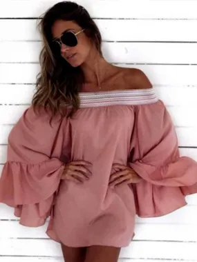 Loose Solid Color Shoulder Long Sleeve Pleated Dress