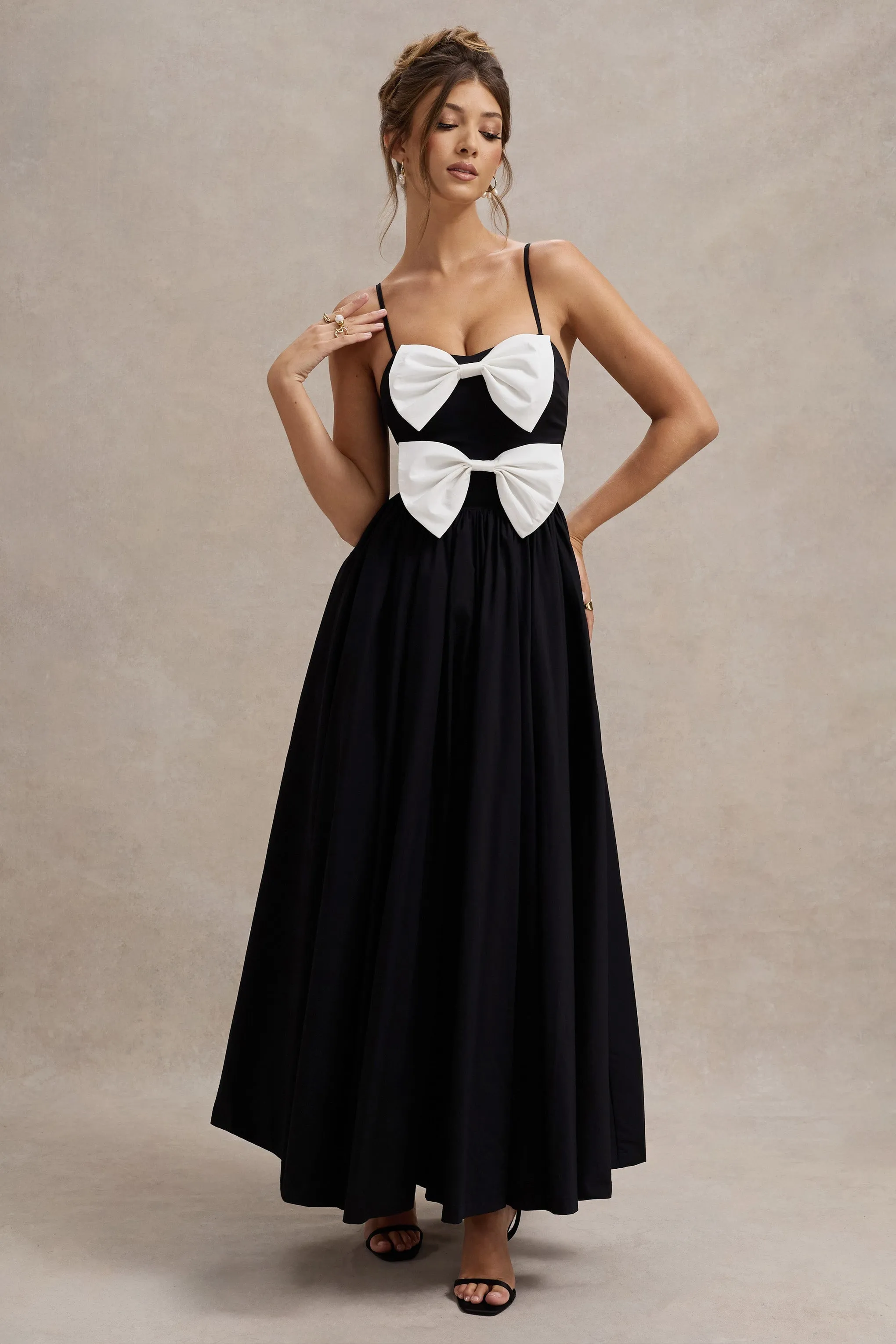 Loved Up | Black Strappy Pleated Maxi Dress With Bows