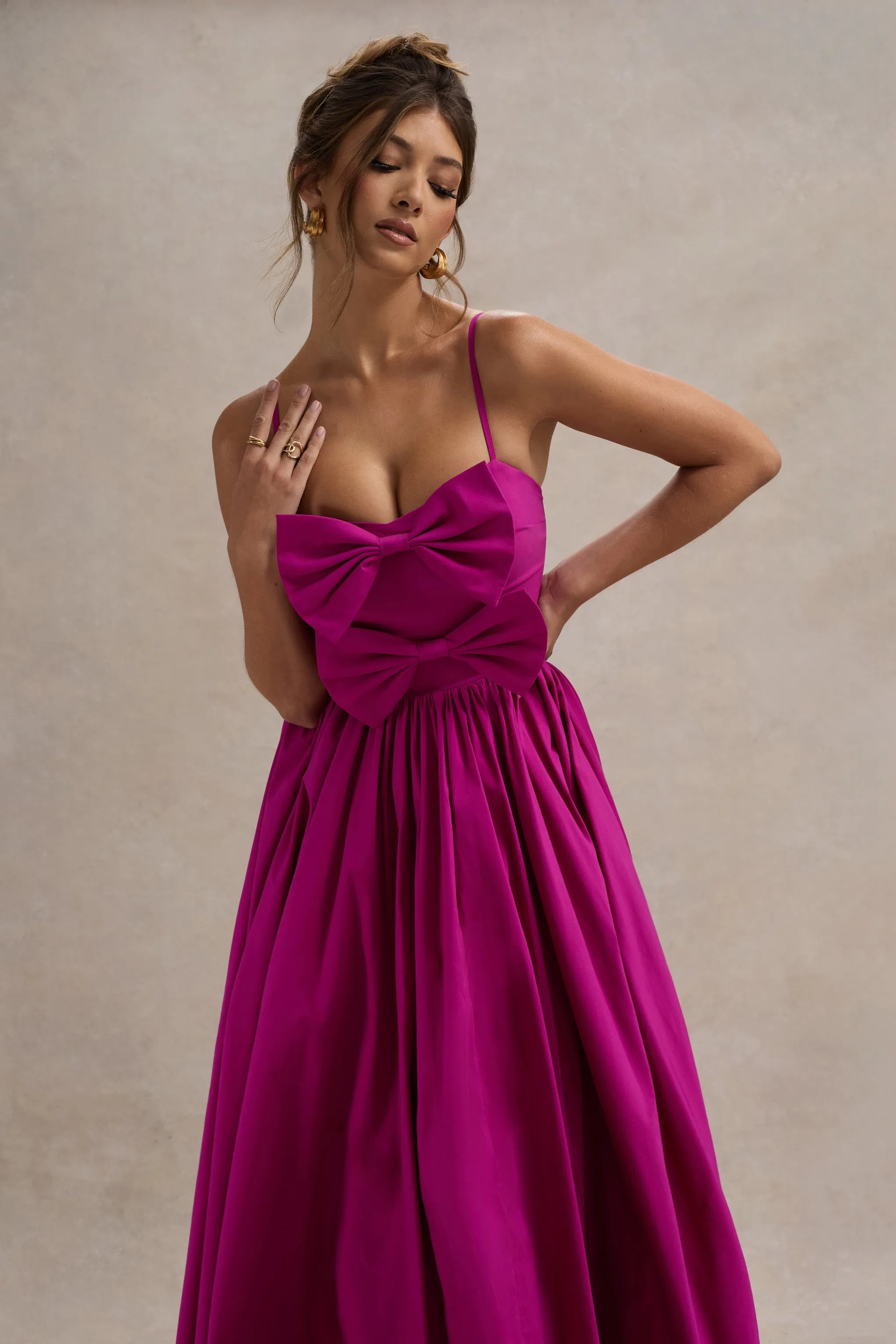 Loved Up | Fuschia Pink Strappy Pleated Maxi Dress With Bows