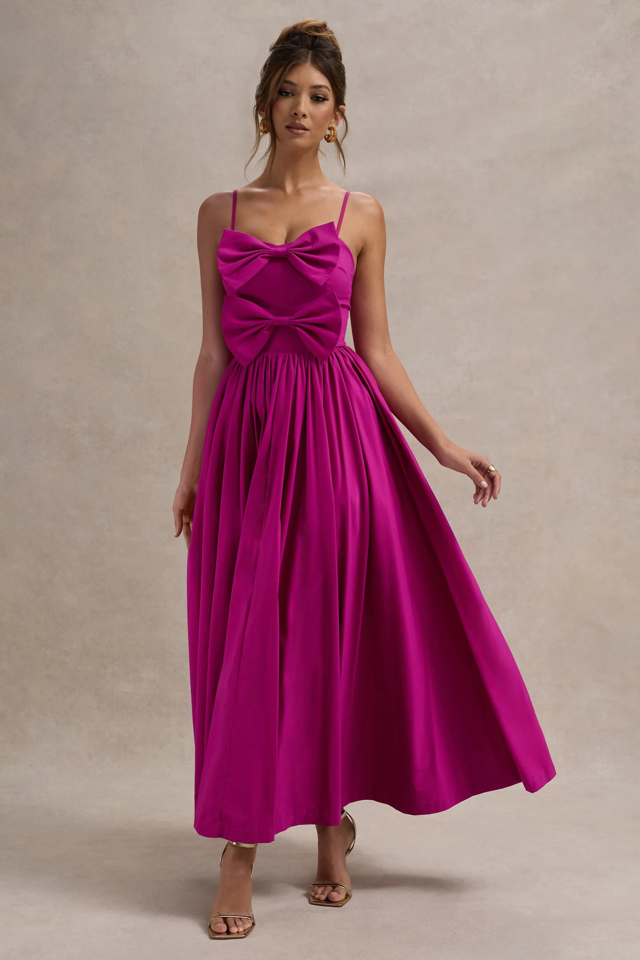 Loved Up | Fuschia Pink Strappy Pleated Maxi Dress With Bows