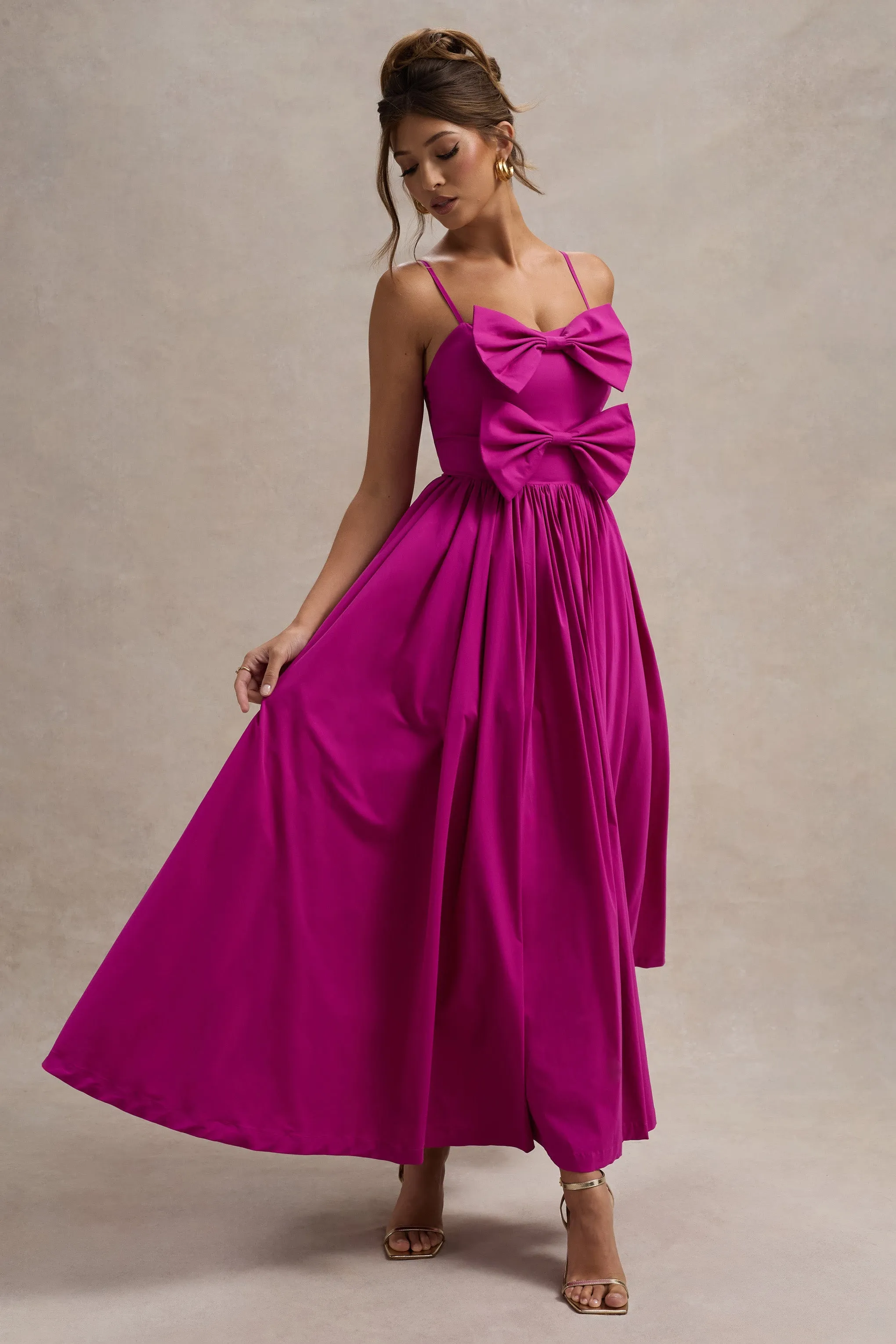 Loved Up | Fuschia Pink Strappy Pleated Maxi Dress With Bows