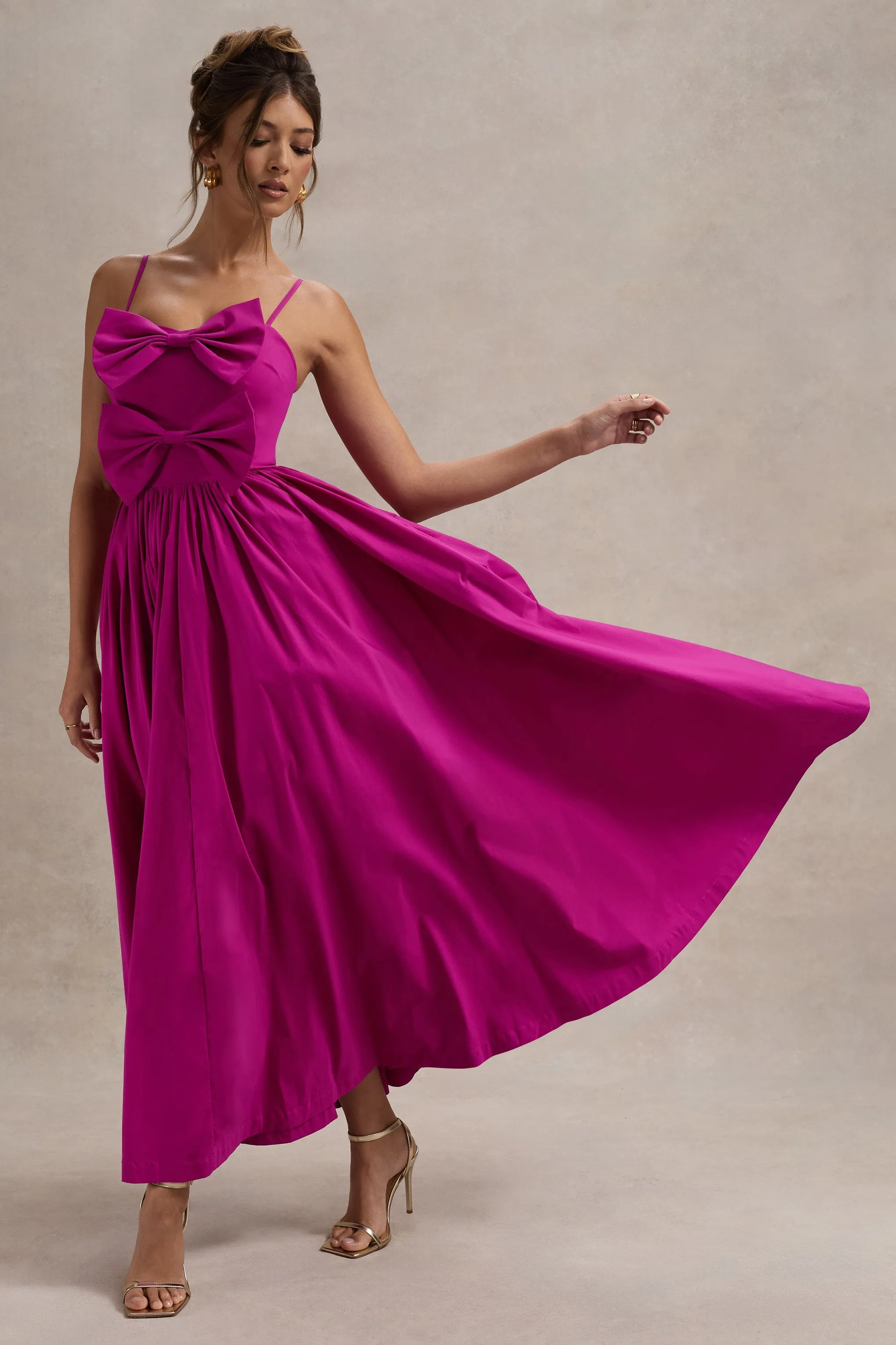 Loved Up | Fuschia Pink Strappy Pleated Maxi Dress With Bows