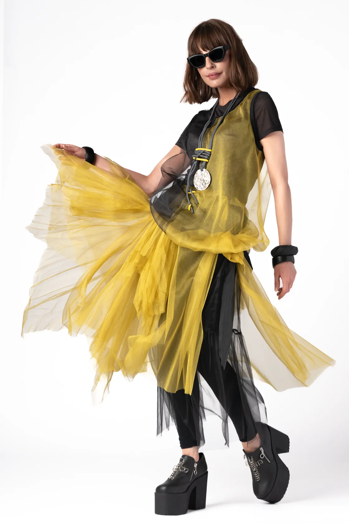 LUUKAA Layering Skirt in Black and Citrine Mesh