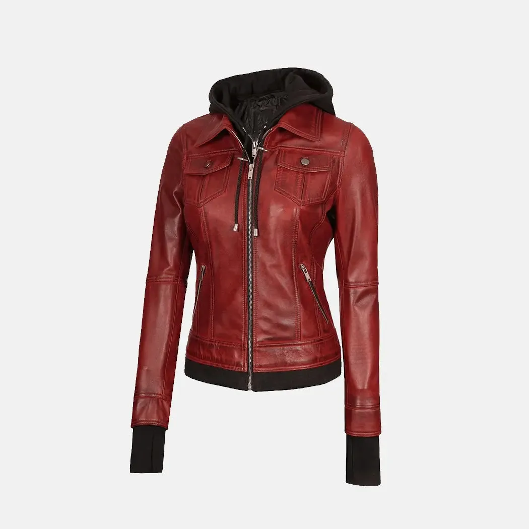 Lyra Lagoon Women's  Hooded Leather Jacket with Removable Hood