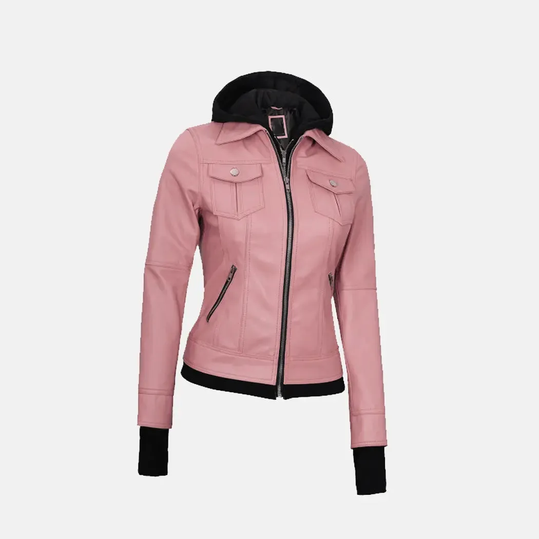 Lyra Lagoon Women's  Hooded Leather Jacket with Removable Hood