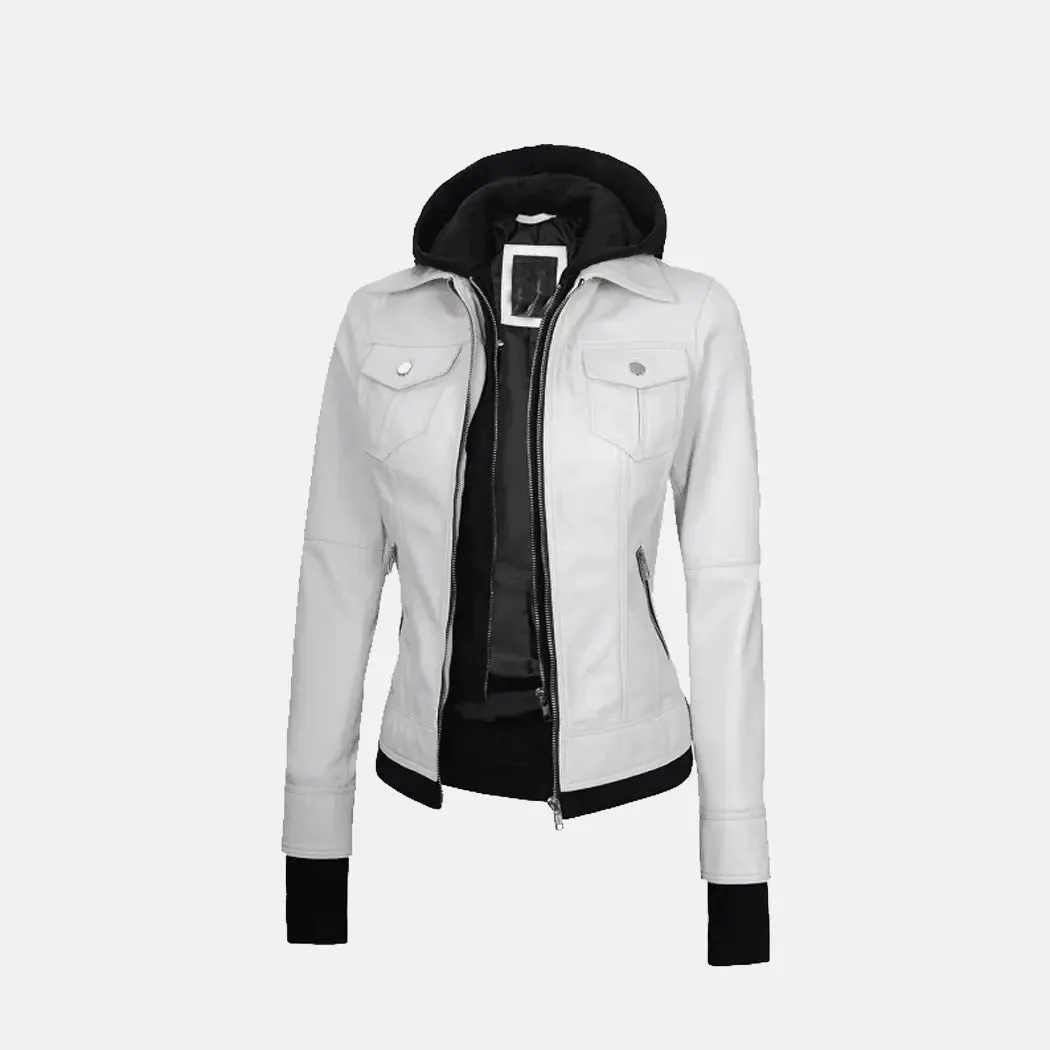 Lyra Lagoon Women's  Hooded Leather Jacket with Removable Hood